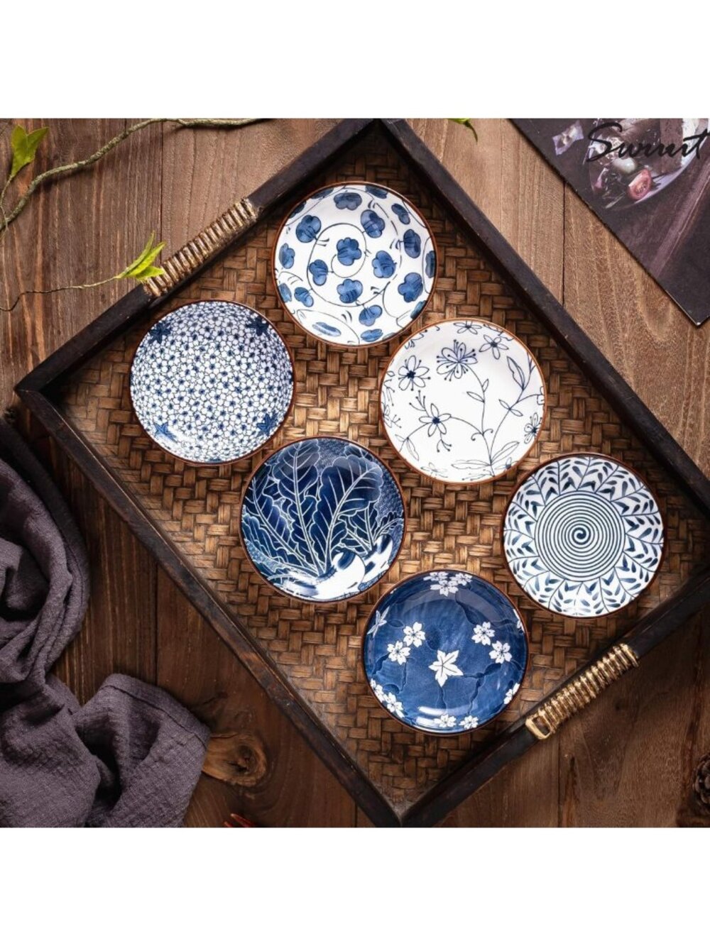 Set of 6 Japanese Ceramic Dipping Bowls - 4'' Blue & White Soy Sauce Dishes - Picture 3 of 8